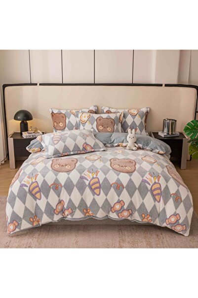 OEM Bed linen, Cocolino, 2 persons, 4 pieces, with elastic, gray and white, with diamonds, CC4004
