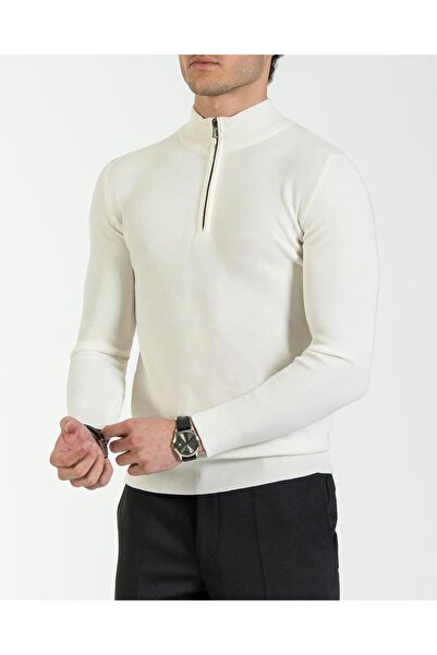 TerziAdemAltun Italian Style S Slim Fit Zipper Half Herringbone Knitwear Men's Sweater Ecru T13532
