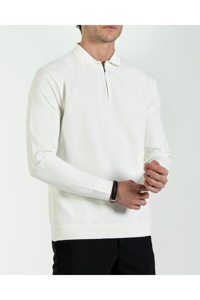 TerziAdemAltun Italian Style S Slim Fit Zipper Polo Neck Knitwear Sweater White T14509