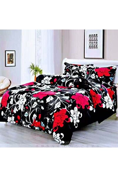 OEM Bed linen, Cocolino, 2 people, 4 pieces, with elastic, black, with red and white flowers, CC4048