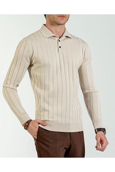 TerziAdemAltun Italian Style S Slim Fit Polo Collar Knitwear Sweater Stone T14488