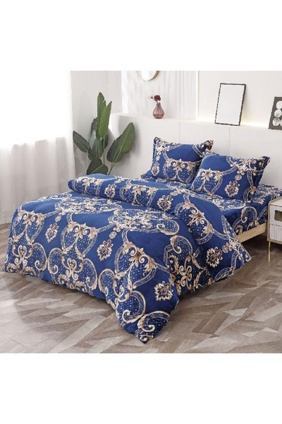 OEM Lenjerie de pat, Cocolino, 2 persoane, 4 piese, cu elastic, albastru , cu model auriu, CC485