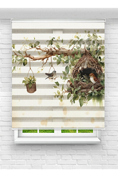 vanilyahome Sevimli Kuş Yuvası ve Yeşil Yaprak Temalı Dijital Baskılı Zebra S...