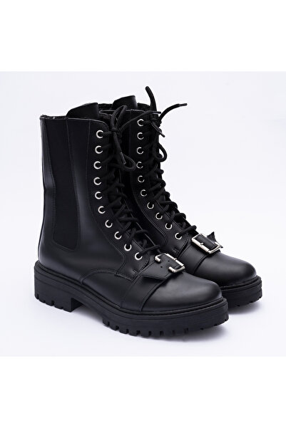 VAGAM Black Genuine Leather Boots with Laces and Zipper