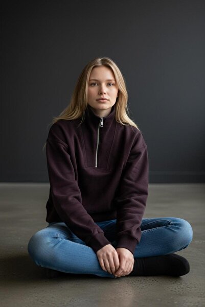 BUSEM Premium Yakası Fermuarlı Sweatshirt-Mor