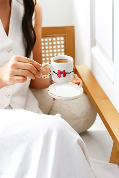 SİNEM YAMAN HOME New Year's Bow Knot Ceramic Cup / New Year Themed Bow Cup