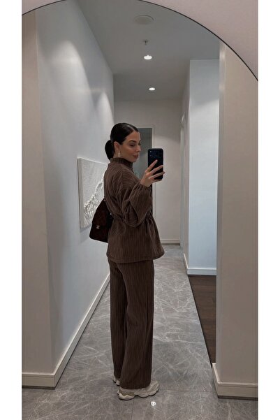 BRTC design Women's Brown Jacquard Textured Innerwear Fleece-Lined D Mock Neck Double Set