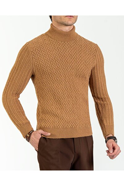 TerziAdemAltun Italian Style S Slim Fit Turtleneck Knitwear Men's Sweater Camel T10606