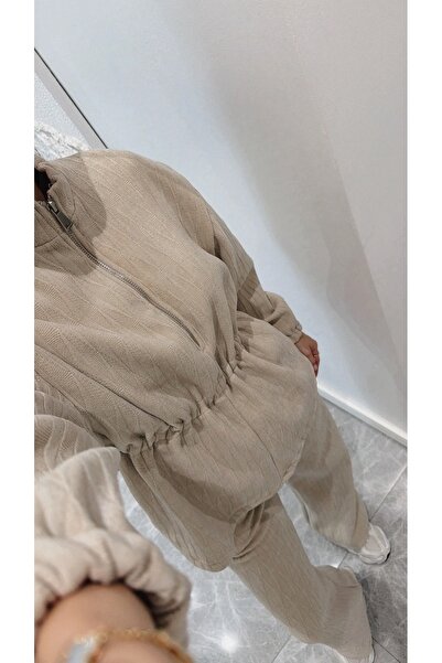 BRTC design Women's Cream Jacquard Textured Innerwear Fleece-Lined D Mock Neck Double Set