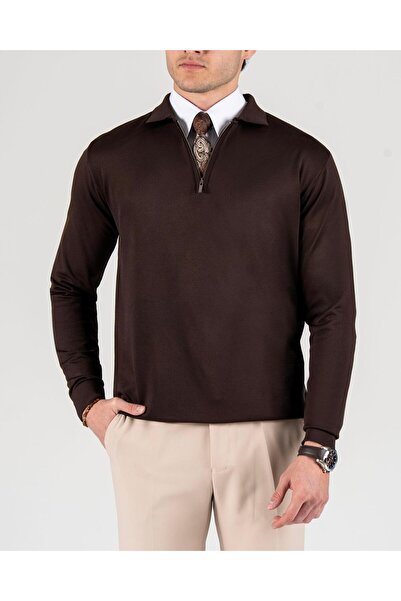 TerziAdemAltun Italian Style S Slim Fit Zipper Polo Neck Knitwear Sweater Brown T14512