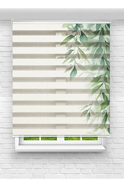 vanilyahome Yeşil Okaliptüs Yaprağı Desenli Dijital Baskılı Zebra Stor Perde