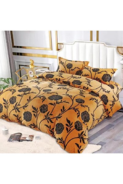 OEM Bed linen, Cocolino, 2 persons, 4 pieces, with elastic, brown, with black flowers, CC475
