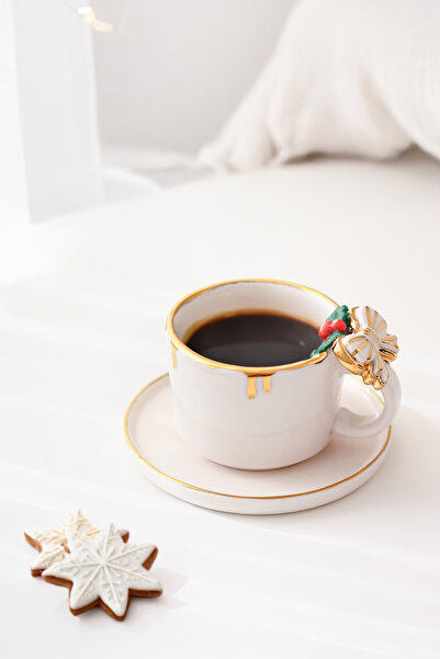 SİNEM YAMAN HOME New Year Koki̇na Bow Double Cup / Handmade Ceramic New Year Themed Cup