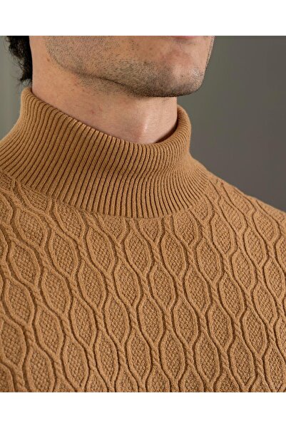TerziAdemAltun Italian Style S Slim Fit Turtleneck Knitwear Men's Sweater Camel T13250
