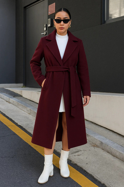 comstar Women's Double-Breasted Premium Basic Long Burgundy Cashmere Coat