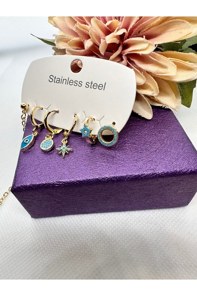staınless steel Blue Figures with Zircon Stone 6 Piece Steel Earring Set