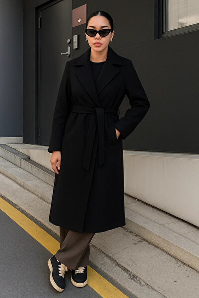 comstar Women's Double-Breasted Premium Basic Long Black Cashmere Coat