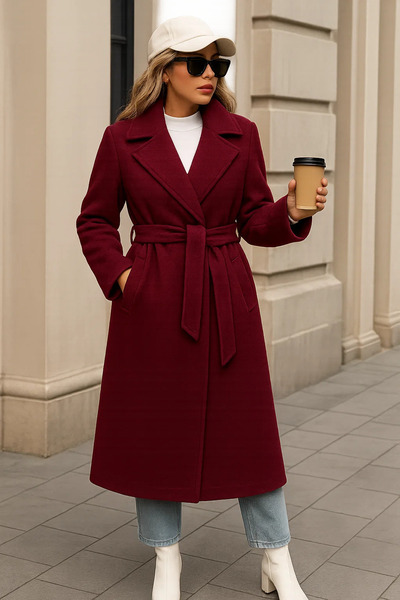 comstar Women's Winter Trend Belted Long Burgundy Cashmere Coat