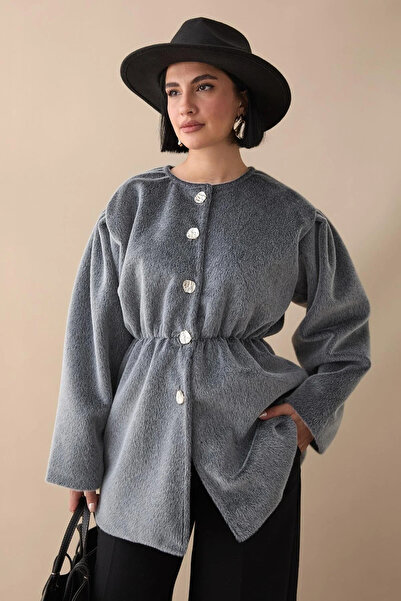 RFK Butik Women's Button Detailed Belted New Season Thai Feather Jacket - Smoked