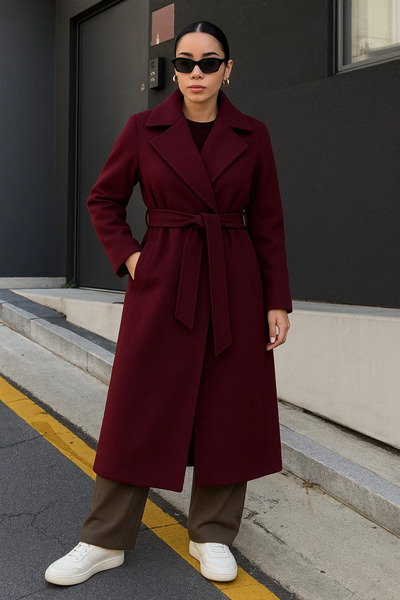 comstar Women's Double-Breasted Premium Basic Long Burgundy Cashmere Coat