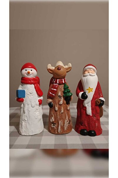 Decolyra 3'lü Kardan Adam Geyik Ve Noel Baba Heykel Dekoratif Yılbaşı Biblo Hediyelik - 20 cm