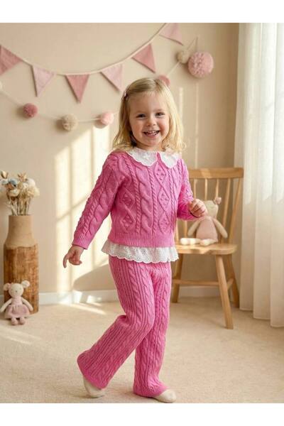 Bloom BBK395 Aplike Yaka Pembe Beyaz Kız Çocuk Takım