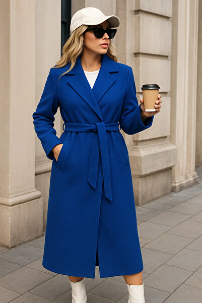 comstar Women's Winter Trend Belted Long Blue Cashmere Coat