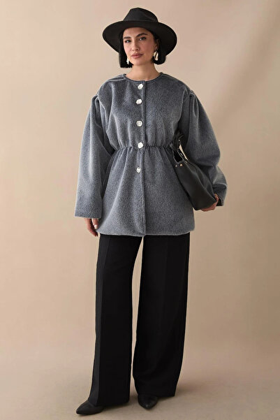 RFK Butik Women's Button Detailed Belted New Season Thai Feather Jacket - Smoked