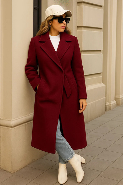 comstar Women's Winter Trend Belted Long Burgundy Cashmere Coat