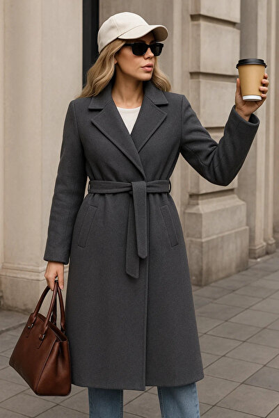 comstar Women's Winter Trend Belted Long Smoked Cashmere Coat