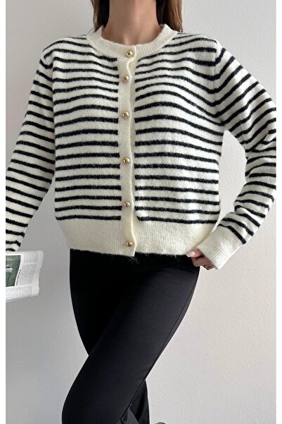 fujya Gold Buttoned Striped Stylish Knitwear Cardigan