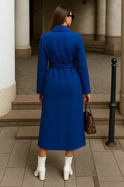 comstar Women's Winter Belted Long Double-Breasted Blue Cashmere Coat