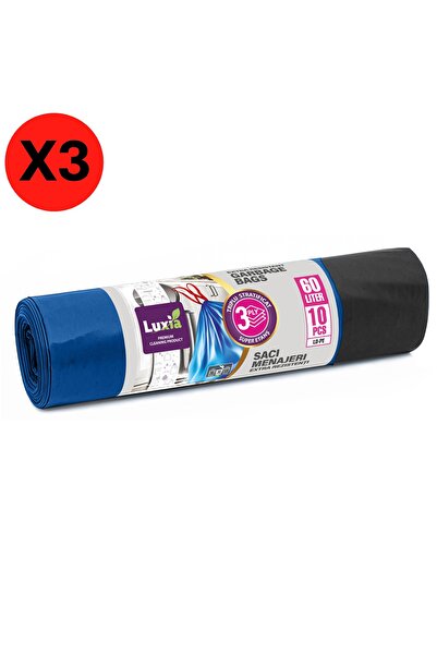 Luxia Set de 3 role saci de gunoi triplu strat cu șnur de 60 L, 10 buc/rolă, ...