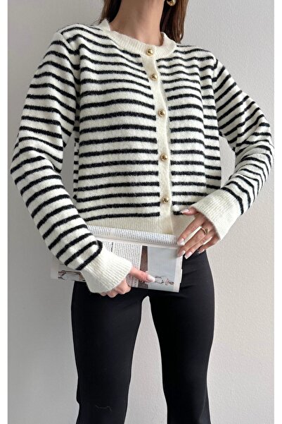 fujya Gold Buttoned Striped Stylish Knitwear Cardigan