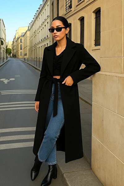 comstar Women's Trend Basic Long Double-Breasted Black Cashmere Coat