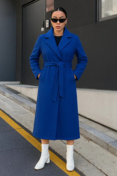 comstar Women's Double-Breasted Premium Basic Long Blue Cashmere Coat