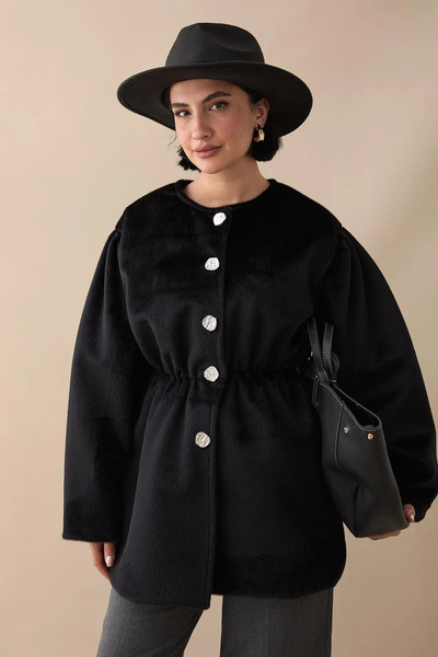 RFK Butik Women's Button Detailed Belted New Season Thai Feather Jacket - Black