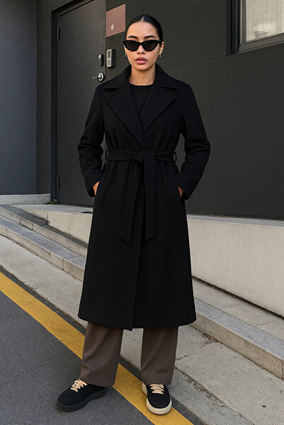 comstar Women's Double-Breasted Premium Basic Long Black Cashmere Coat