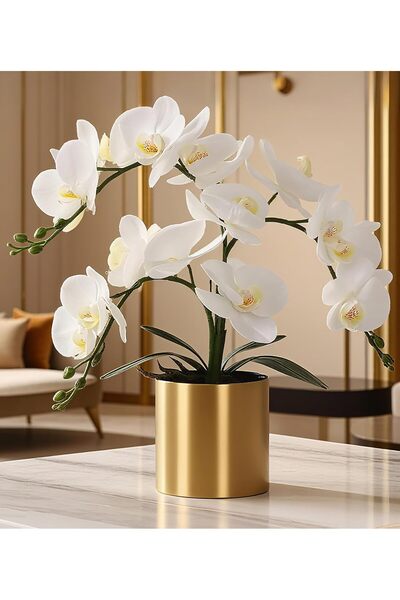 Generic زهرة أوركيد صناعية مع مزهرية بيضاء/ذهبية، بونساي فالاينوبسيس، لديكور ...