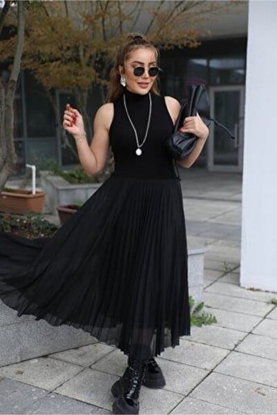 JANES Women's Knitwear Pleated and Tulle Detail Two Piece Dress