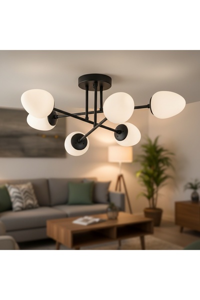 MOİRA Siyah 6'lı Plafonyer Avize Beyaz Camlı Modern Yemek masası E14 duylu,CAMFLO-10400