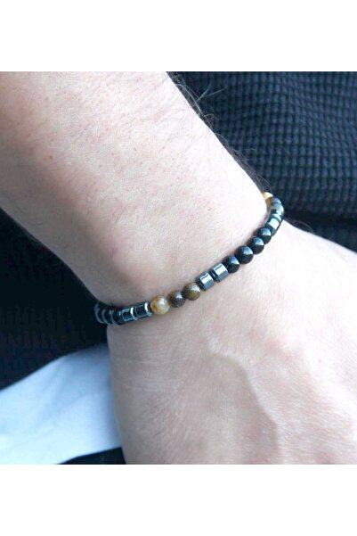 esha Natural Stone Men's Tiger's Eye Onyx Hematite Natural Stone Necklace Bracelet Set Eus1Kho