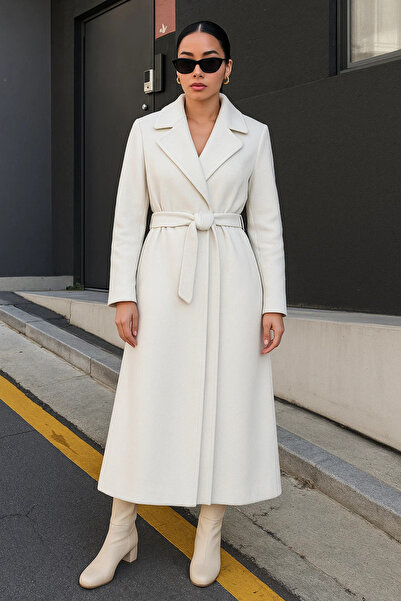 comstar Women's Double-Breasted Premium Basic Long White Cashmere Coat