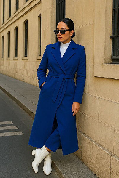 comstar Women's Trend Basic Long Double-Breasted Blue Cashmere Coat