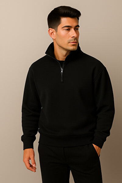 DEEPSENCE Ανδρικό χειμερινό φούτερ με μισό φερμουάρ, χοντρό 3-κλωνο D ψηλός λαιμός με φλις εσωτερικά