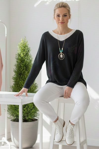 Chiccy Italian Dark Anthracite Pool Neck Long Sleeve Patterned Thin Two-Piece Set Sleeveless Combed Cotton Knitwear Blouse 70 60