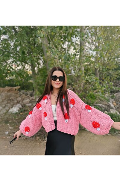 mihal boutique Pink Mushroom Patterned Hand Knitted Oversized Cardigan