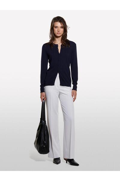 Sisley Kdn_Wool and Cashmere Blend Ribbed Detailed Crew Neck Cardigan Women's Navy Blue Cardigan - 324A102Hm5237