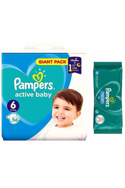 Pampers Pachet Scutece Active Baby Giant Pack, Nr. 6, 13-18 kg, 56 Buc si Servetele 52 Buc