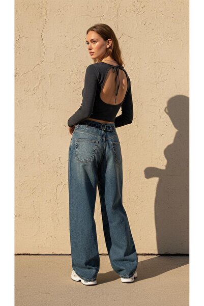 geenz manifacture Buckle Detailed Loose Fitting Wide Leg Comfortable Baggy Jean Jeans Loose Women's Pants